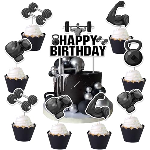 Cheereveal 25Pcs Gym Alles Gute Zum Geburtstag Kuchen Dekorationen Schwarz, Gewichtheben Hantel Cupcake Topper, Fitness Thema Sport Fan Geburtstag Party Zubehör von Cheereveal