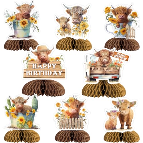 Cheereveal 8 Stück Highland Cow Honeycomb Tafelaufsätze – Western Farm Highland Cow Geburtstagsparty-Dekorationen, brauner Rinderdruck, Party-Tischzubehör von Cheereveal