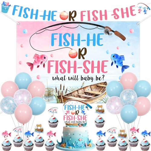 Cheereveal Angeln Geschlecht offenbaren Party Dekorationen, Fisch Er oder Fisch Sie Was wird Baby sein Hintergrund Banner Kuchen Cupcake Topper, Gone Angeln Ballon Baby Shower Party Zubehör von Cheereveal