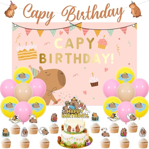 Cheereveal Capybara Geburtstagsdekorationen für Mädchen, rosa Capy Geburtstagshintergrund und Banner, braune Capy Cake Topper Cupcake Topper, süße Capybara Themenparty Zubehör von Cheereveal
