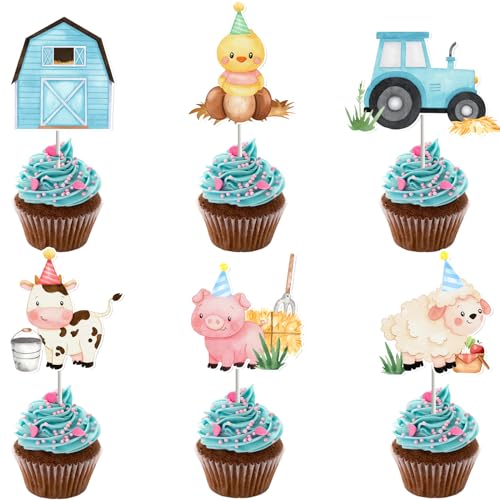 Cheereveal Cupcake-Topper mit Bauernhoftieren, blaue Cupcake-Picks für Jungen, Tiermotiv, Barnyf, Babyparty, Geburtstagsparty, Kuchendekoration, Zubehör, 24 Stück von Cheereveal