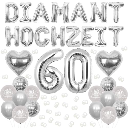 Cheereveal Diamant Hochzeit Deko, 60 Diamant Hochzeit Luftballons Banner, Hochzeitstag Dekoration, Silber Herz Folienballons, Nummer 60 Konfetti, Alles Gute zum 60. Jahrestag Zubehör für Paar Eltern Cheereveal Diamant Hochzeit Deko, 60 Diamant Hochzeit Luftballons Banner, Hochzeitstag Dekoration, Silber Herz Folienballons, Nummer 60 Konfetti, Alles Gute zum 60. Jahrestag Zubehör für Paar Eltern von Cheereveal