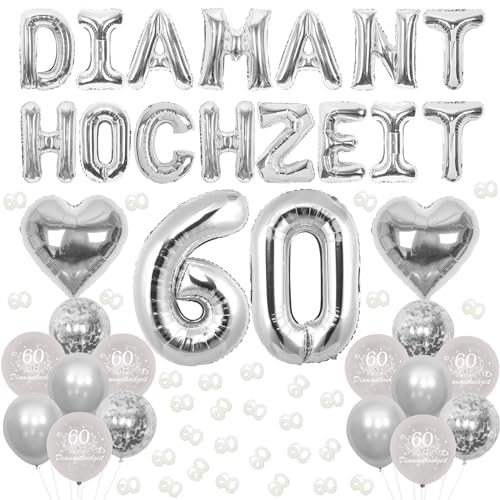 Cheereveal Diamant Hochzeit Deko, 60 Diamant Hochzeit Luftballons Banner, Hochzeitstag Dekoration, Silber Herz Folienballons, Nummer 60 Konfetti, Alles Gute zum 60. Jahrestag Zubehör für Paar Eltern von Cheereveal