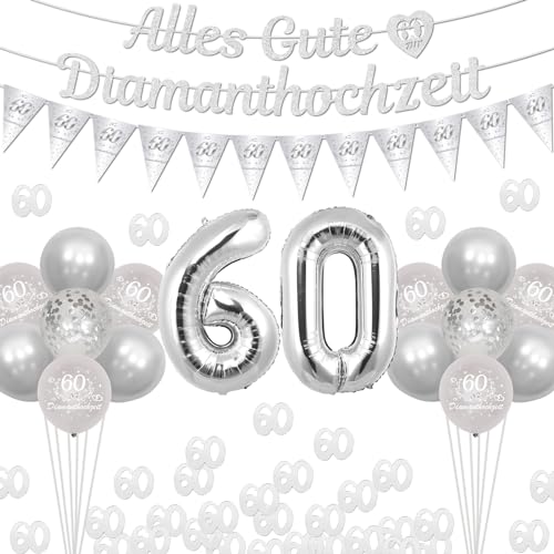 Cheereveal Diamant Hochzeit Deko, Alles Gute zum 60 Diamanthochzeit Banner, Silber Nummer 60 Folienballons, Wimpel Flagge, Tisch 60 Konfetti, 60. Hochzeitstag Partybedarf Deko für Paar Eltern von Cheereveal