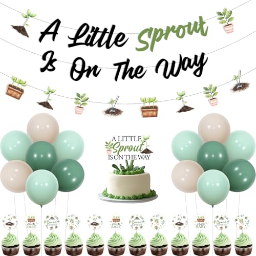 Cheereveal Kleiner Spross Baby Dusche Ballon Dekorationen, Grün Ein Kleiner Spross Ist Auf Dem Weg Banner Ballon Cupcake Topper, Frühling Garten Bauernhof Geschlecht Enthüllen Geburtstagsfeier Zubehör von Cheereveal
