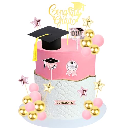 Cheereveal Kuchendekorationen mit Aufschrift "Congrats Graduation" – Klasse 2024, Cupcake-Topper, Kappe, Glitzersterne, Ball, Dessert-Picker für Abschlussfeier, Party, Zeremonie, Rosa von Cheereveal