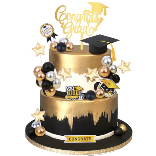 Cheereveal Kuchendekorationen mit Aufschrift "Congrats Graduation" – Klasse 2024 Kuchen Cupcake Topper Kappe Glitzer Sterne Ball Dessert Picks für Abschlussfeier Party Zeremonie von Cheereveal