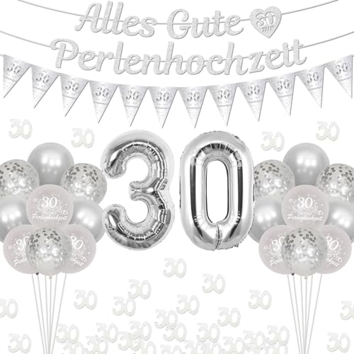 Cheereveal Perlenhochzeit Dekoration, Alles Gute zum 30. Hochzeitstag Banner, Silber Nummer 30 Folienballons, Tisch 30 Konfetti, Wimpel Flagge, Glückliche 30 Perlenhochzeit Partybedarf Deko für Paar Cheereveal Perlenhochzeit Dekoration, Alles Gute zum 30. Hochzeitstag Banner, Silber Nummer 30 Folienballons, Tisch 30 Konfetti, Wimpel Flagge, Glückliche 30 Perlenhochzeit Partybedarf Deko für Paar von Cheereveal