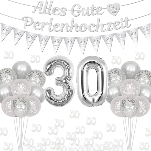 Cheereveal Perlenhochzeit Dekoration, Alles Gute zum 30. Hochzeitstag Banner, Silber Nummer 30 Folienballons, Tisch 30 Konfetti, Wimpel Flagge, Glückliche 30 Perlenhochzeit Partybedarf Deko für Paar von Cheereveal