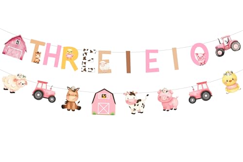 Cheereveal Pink Farm 3. Geburtstag Dekorationen, DREI I E I O Bauernhoftiere Banner, Bauernhaus Bauernhof Bunting Hängende Girlande für DREI Jahre alte Bday Party Zubehör von Cheereveal