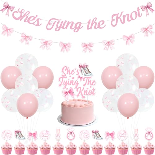 Cheereveal Rosa Schleife Junggesellenabschied Dekorationen, sie bindet den Knoten Braut Dusche Dekor, Sie bindet den Knoten Kuchenaufleger Banner Luftballons, Schleife Thema Engagement Hochzeit Party von Cheereveal