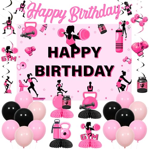 Cheereveal Rosa Schwarz Gym Geburtstag Party Dekorationen, Happy Birthday Hintergrund Banner, Fitness Hängende Wirbel Waben-Mittelstücke, Gewichtheben Sport Themed Geburtstag Baby Shower Party von Cheereveal