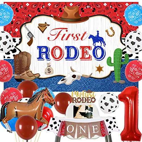 Cowboy 1. Geburtstag Dekorationen, erster Rodeo Geburtstag Party Dekor Blau, erster Rodeo Geburtstag Hintergrund Western Thema Luftballons, Kuh Ein Hochstuhl Banner für Western Cowboy Party Supplies von Cheereveal