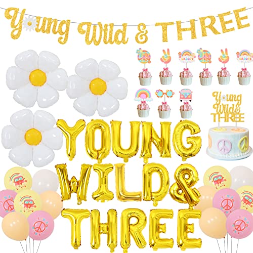 Drei Groovy Birthday Decorations, Young Wild and Three Groovy Party Decorations, Groovy 3rd Birthday Supplies with Young Wild and Three Banner Cake Toppers Foil Balloons for 3rd Girls Birthday von Cheereveal