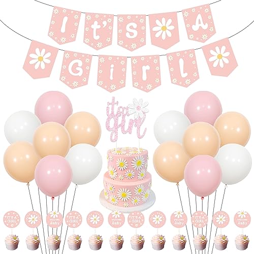 Gänseblümchen-Babyparty-Dekorationen für Mädchen, es ist ein Mädchen rosa Banner mit Tortenaufsatz, Gänseblümchen-Druck-Luftballons Cupcake-Topper, Boho-Hippie-Babyparty-Partyzubehör Gänseblümchen-Babyparty-Dekorationen für Mädchen, es ist ein Mädchen rosa Banner mit Tortenaufsatz, Gänseblümchen-Druck-Luftballons Cupcake-Topper, Boho-Hippie-Babyparty-Partyzubehör von Cheereveal