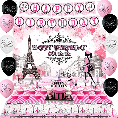 Cheereveal Happy Birthday Paris Dekorationen für Mädchen Rosa, Eiffelturm Geburtstag Party Supplies, Paris Happy Birthday Hintergrund Tischdecke Banner Eiffelturm Cupcake Topper von Cheereveal