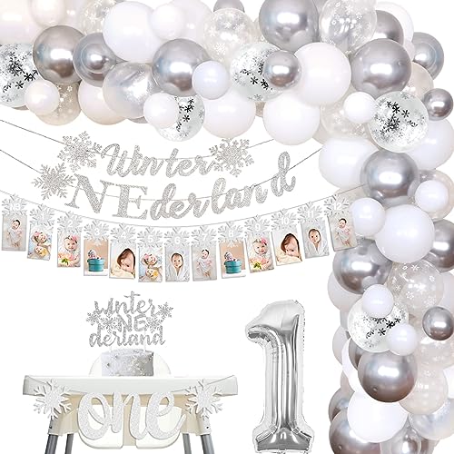 Cheereveal Silber Winter Onederland 1. Geburtstag Dekorationen Schneeflocke Luftballons Girlande Bogen Kit mit Winter Girlande Hochstuhl Banner, Tortenaufsatz für Junge Mädchen Erste Geburtstag von Cheereveal