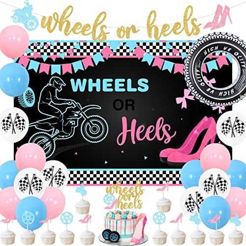 Wheels or Heels Gender Reveal Dekorationen, Räder oder Absätze Geschlecht Reveal Hintergrund Ballons Banner Kuchendekorationen für Jungen oder Mädchen rosa und blau Babyparty Dekorationen von Cheereveal