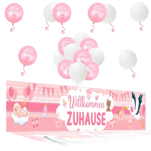 Cheereveal Willkommen Zuhause Baby Mädchen Deko, Rosa Willkommen Zuhause Gartenbanner, Storch Folienballons für Neugeborene Mädchen, Geschlecht Enthüllung Dekoration, Baby Dusche Welcome Home Party von Cheereveal