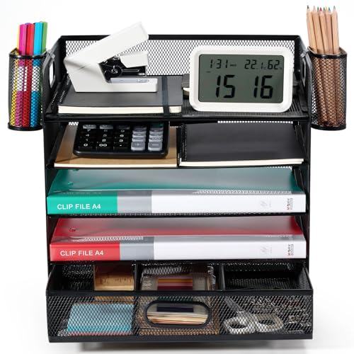 Schreibtisch Organizer,Desk Organizer,Ablage Schreibtisch,Briefablage 5-stöckiger Schreibtisch Organizer mit 2 Stifthalter, 2-Feilenregale aus Metall, Große Kapazität, Lösung aller Speicherprobleme Schreibtisch Organizer,Desk Organizer,Ablage Schreibtisch,Briefablage 5-stöckiger Schreibtisch Organizer mit 2 Stifthalter, 2-Feilenregale aus Metall, Große Kapazität, Lösung aller Speicherprobleme von Cheerhom