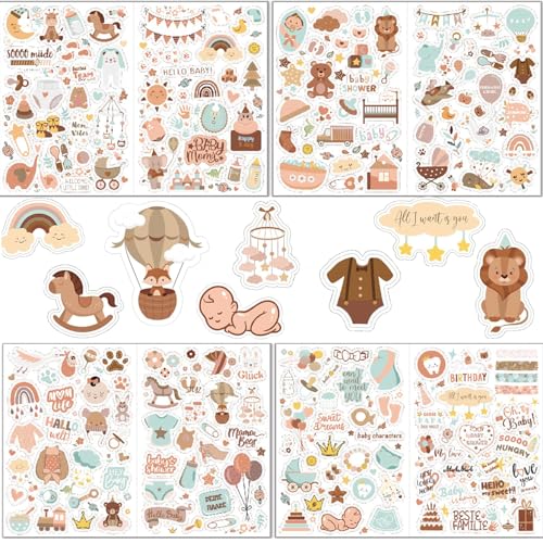 Cheerix Fotoalbum Baby Sticker Set, 4 Blätter 212 Stück Aufkleberfür Kinder und Baby Fotoalbum, Semi-Transparent Wasserdichte Sticker, Kinderwagen Deko, Erste Jahr Meilenstein DIY Fotoalben (Braun) von Cheerix