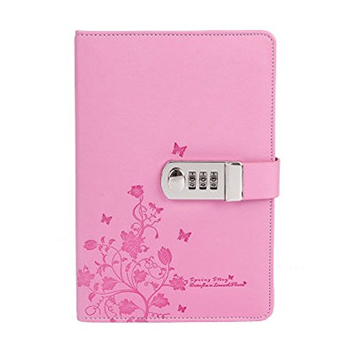 Cheerlife Tagebuch mit Passwort PU Leder Notizbuch mit Schloss DIN A5 Notizblock gedruckt Reisetagebuch mit Blumen Schmetterlinge (Pink) von Cheerlife