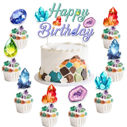 Cheerupp 25-teiliges Edelstein-Torten- & Cupcake-Topper-Set, Kristall-Diamant "Happy Birthday"-Torten-Deko, Geologie-Motiv-Cupcake-Spitzen für Geburtstagsparty-Zubehör von Cheerupp