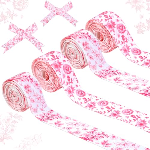 Cheerupp 4 Rollen rosa weiße Blumen Chinoiserie Bänder 20 Meter Bastelbänder für Kranz, Haarschleifen, Geschenkverpackung, Aquarell-Blumenband, Geburtstag, Hochzeit, Geschlechtsoffenbarung, Party von Cheerupp