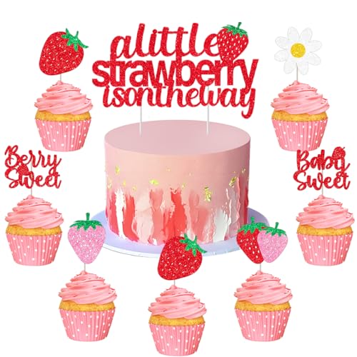 Cheerupp Erdbeer-Babyparty-Dekorationen, 25 Stück „A Little Strawberry is on the Way“ Kuchendekoration, „Berry Sweet“ Cupcake-Dekorationen-Set für Obst-Baby-Geschlechtsenthüllungsparty-Zubehör von Cheerupp
