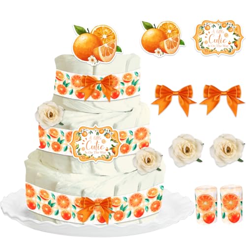 Cheerupp Orange Babyparty-Windelkuchendekorationen, Zitrus "A Little Cutie Is on the Way", Ripsband, künstliche Kamelienblumen, Schleifen, Dekoration, Mandarinenfrucht, Thema, Geschlechtsoffenbarung Cheerupp Orange Babyparty-Windelkuchendekorationen, Zitrus "A Little Cutie Is on the Way", Ripsband, künstliche Kamelienblumen, Schleifen, Dekoration, Mandarinenfrucht, Thema, Geschlechtsoffenbarung von Cheerupp