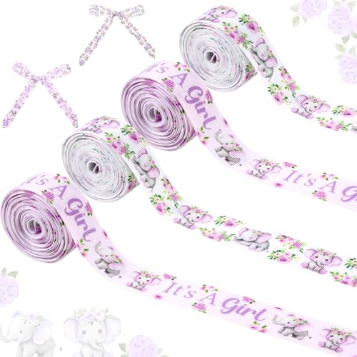 Cheerupp Ripsbänder mit Elefantenmotiv "It's a Girl", 20 Meter Bastelbänder für Kranz, Haarschleife, Geschenkpackung, Safari-Tiere, Ripsbänder, Babyparty, Party-Accessoire, Dekoration, 4 Rollen von Cheerupp