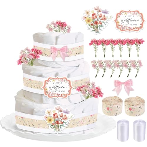 Cheerupp Windelkuchen-Dekorationen mit Wildblumen-Thema für Babyparty, ländliche Wildblumen-Druck, Bandkarten, künstliche Blumen, rosa Schleifen, Dekoration, "A Little Wildflower Is on the Way von Cheerupp