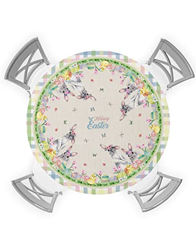 Chees D Zone Küchentischdecke mit Osterhasen-Ei, mit elastischem Rand, Frühlingsblumen, wasserdichte Tischdecke für runde Tische, gelbe Ente, Retro-Leinen, runde Tischdecken für Picknick-Party, 140 von Chees D Zone