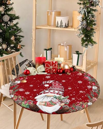 Weihnachtliche Zwerg-Tischdecke, rund, Weihnachtswichtel, Tischdecke mit elastischem Rand, wasserdichte Tischdecke, Schneeflocke, Tannenzapfen, rote Kreise, Tischdecken für Küche, Innen- und Weihnachtliche Zwerg-Tischdecke, rund, Weihnachtswichtel, Tischdecke mit elastischem Rand, wasserdichte Tischdecke, Schneeflocke, Tannenzapfen, rote Kreise, Tischdecken für Küche, Innen- und von Chees D Zone