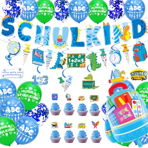 Cheloveer Schulkind Deko Junge Einschulung Deko Schulkind Banner Girlandes, Hurra Schulkind Latex Luftballons Schulparty Deko Schulanfang Geschenk Deko Zur Junge von Cheloveer