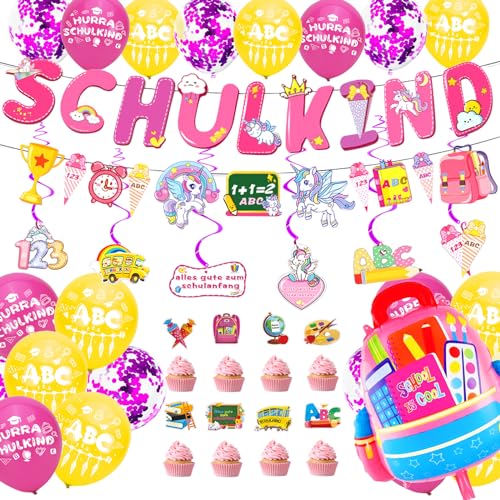 Cheloveer Schulkind Deko Mädchen Einschulung Deko Schulkind Banner Girlandes, Hurra Schulkind Latex Luftballons Schulparty Deko Schulanfang Geschenk Deko Zur Mädchen von Cheloveer