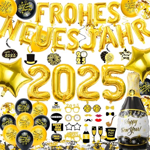 Cheloveer Silvester Deko 2025, Silvester Deko, Happy New Year 2025 Deko, Neujahr Deko, Frohes neues Jahr Deko Banner, Fotorequisiten, Weinflasche/Stern Folienballon Für Silvester Deko 2025 Party Set von Cheloveer