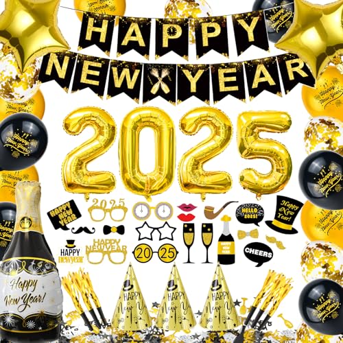 Cheloveer Silvester Deko 2025, Happy New Year 2025 Deko, Silvester Deko, Neujahr Deko, Happy New Year 2025 Banner, Fotorequisiten, Weinflasche/Stern Folienballon Für Silvester Deko 2025 Party Set von Cheloveer