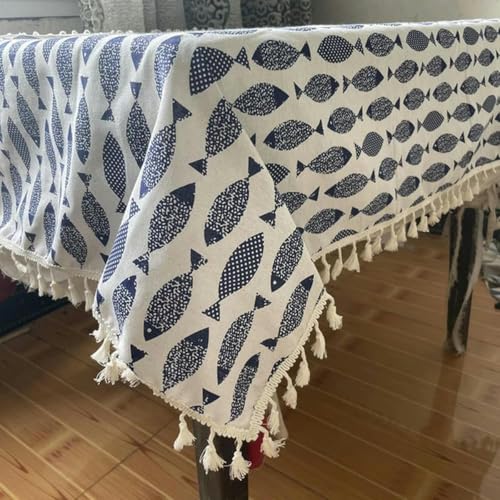 60~250 cm verdickter Baumwollwäsche Tischdecke Einfache Blaue Fischdrucktischdecke, japanischer Stilwaschbeetisch für Tee Tisch mit Spitze-140 x 160 cm von ChenYuNiu