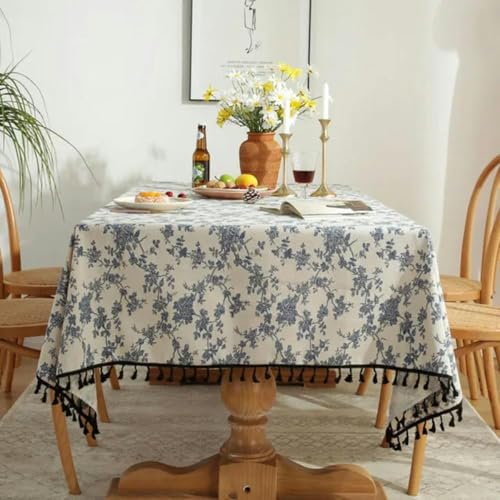 60~300 cm Baumwollwäsche Leinen Löwenzahn Pastoral-Tischdecke für Tisch-Rechtecktischdecke mit Quasten Esstisch Abdeckung Tee-Light Grey-140x240cm von ChenYuNiu