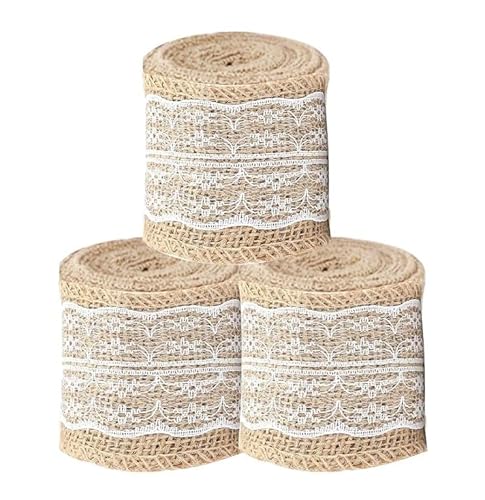3 Rollen Jute-Spitzenband, Vintage, natürliches Sackleinenband mit Spitzenbesatz für Bastelarbeiten, Geschenkverpackungen, 2 m x 6 cm 3 Rollen Jute-Spitzenband, Vintage, natürliches Sackleinenband mit Spitzenbesatz für Bastelarbeiten, Geschenkverpackungen, 2 m x 6 cm von Chencunquangod
