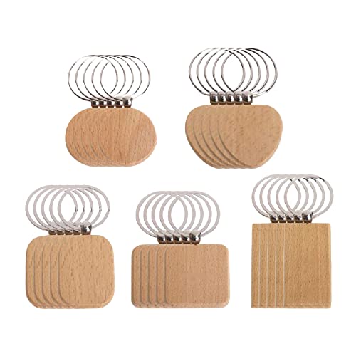 25 Stück Blanko-Schlüsselanhänger aus Holz, rund, herzförmig, rechteckig, unlackiert, Holzschlüsselring, DIY, Handwerk von ChengChengJin