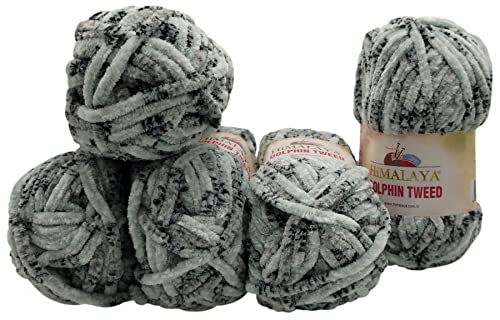 Chenille 5 x 100 Gramm Himalaya Dolphin Tweed Strickwolle, 500 Gramm Baby- Wolle zweifarbig gesprenkelt (schwarz mint 92009) von Chenille