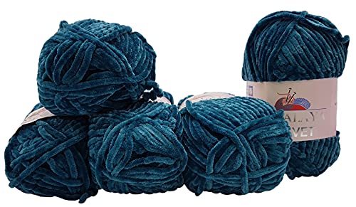 Chenille 5 x 100 Gramm Himalaya Velvet Micro-Polyester Strickwolle , Babywolle samtig 500 Gramm Wolle (petrol 90048) von Chenille