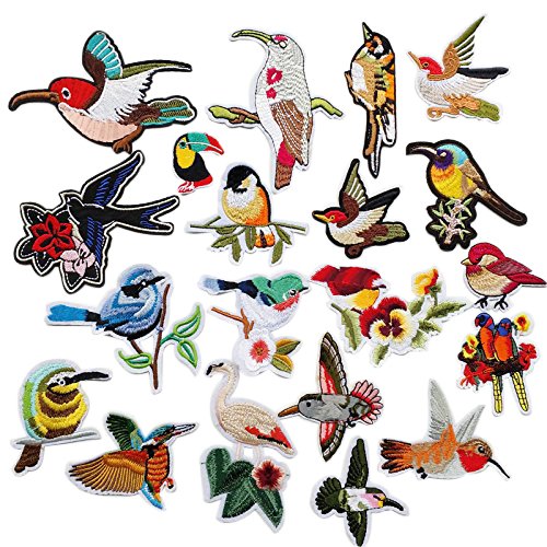 Chenkou Craft 20-ig sortierte Vogel-Bügelbilder zum Aufbügeln oder Aufnähen, gestickt, Zufallsmischung aus Spechten, Kolibris, Schwalben und Papageien von Chenkou Craft