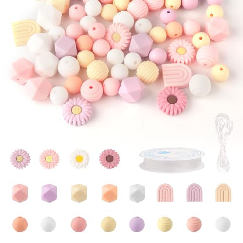 102 Stück Silikonperlen, Gänseblümchen Rund Lose Silikonperlen mit Nylonseil und Elastische Kordel, Schlüsselanhänger Selber Machen, DIY Bastel Perlen für Halsketten, Armbänder, Schmuckherstellung 102 Stück Silikonperlen, Gänseblümchen Rund Lose Silikonperlen mit Nylonseil und Elastische Kordel, Schlüsselanhänger Selber Machen, DIY Bastel Perlen für Halsketten, Armbänder, Schmuckherstellung von Chenove