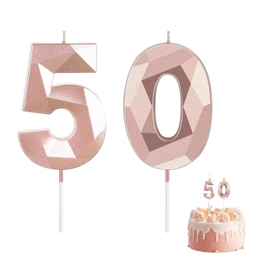 Chenyell Geburtstagskerzen Zahlen, 5cm 3D Geburtstagskerzen, Kuchendeko für Geburtstage, Hochzeiten, Firmenfeiern, Jubiläen (Roségold, 50) von Chenyell