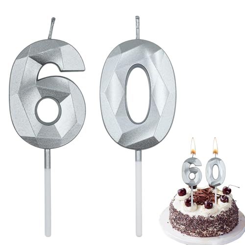 Chenyell Geburtstagskerzen Zahlen, 5cm 3D Geburtstagskerzen, Silber, 60, Geruchlos, Ungiftig, Neuartiges Design, Diamantförmig, Kuchendeko für Geburtstage, Hochzeiten, Firmenfeiern, Jubiläen von Chenyell