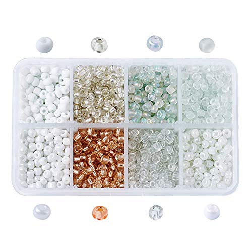 Cheriswelry 1 Schublade Glassamenperlen, 4 mm, weiß, klar, versilbert, durchscheinend, 8 Stile, Pony Perlen, runde tschechische Glasperlen für die Schmuckherstellung von Cheriswelry