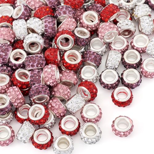 Cheriswelry 100 Stück große Lochperlen, Strass, europäische Perlen, silberfarbener Metallkern, Kristall, Abstandshalter, 11–12 mm, für Perlenstifte, Armbänder, Halsketten (rot) von Cheriswelry